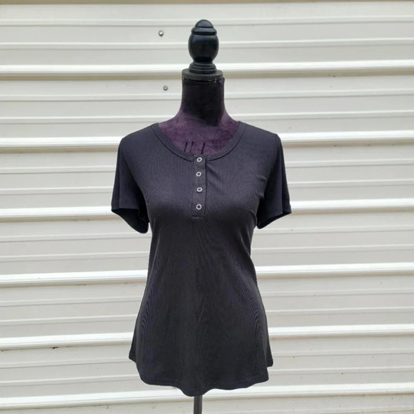 NWOT Women's RB5842 Black Snap Stretch Polyester T-Shirt Ribbed XL - Picture 1 of 7